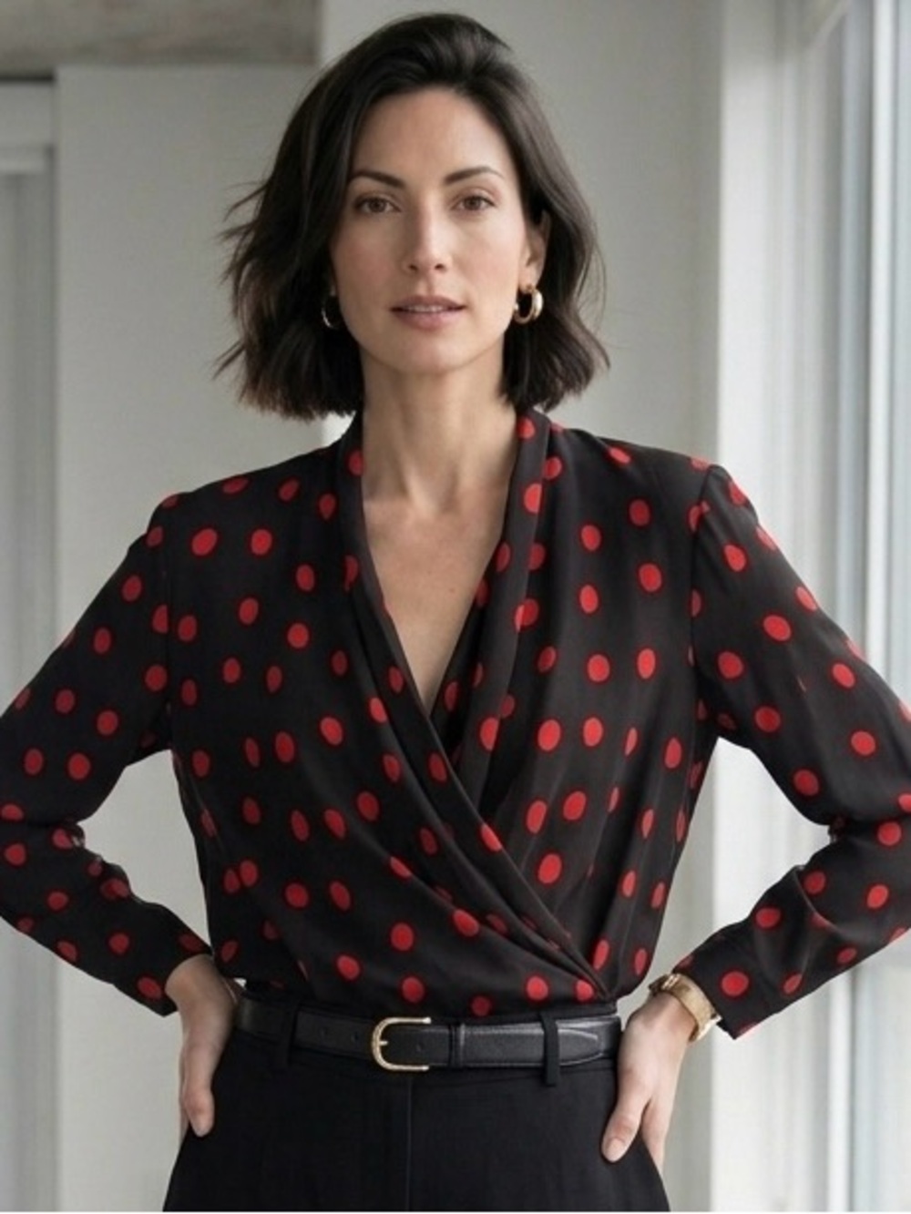 Vtg 90s Linda Allard Ellen Tracy 100% Silk Polka Dot Button Back Wrap Blouse P4